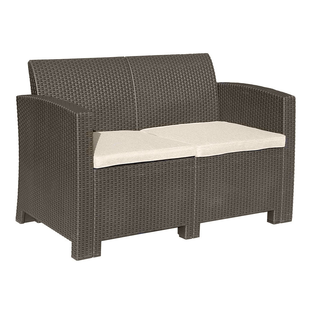 2-Seater Rattan-Effect Sofa in Brown with Cream Cushions